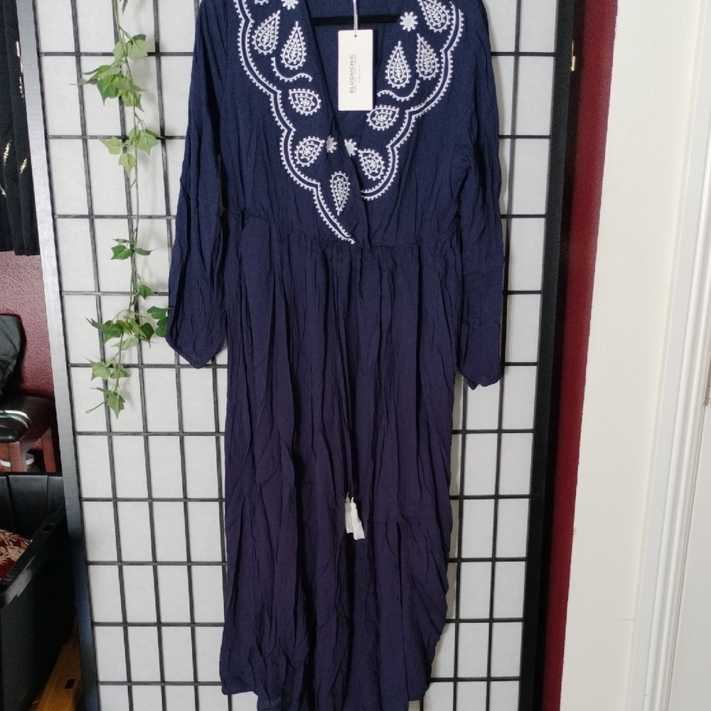 Navy Embroidered Boho Maxi Dress with Tassel Tie